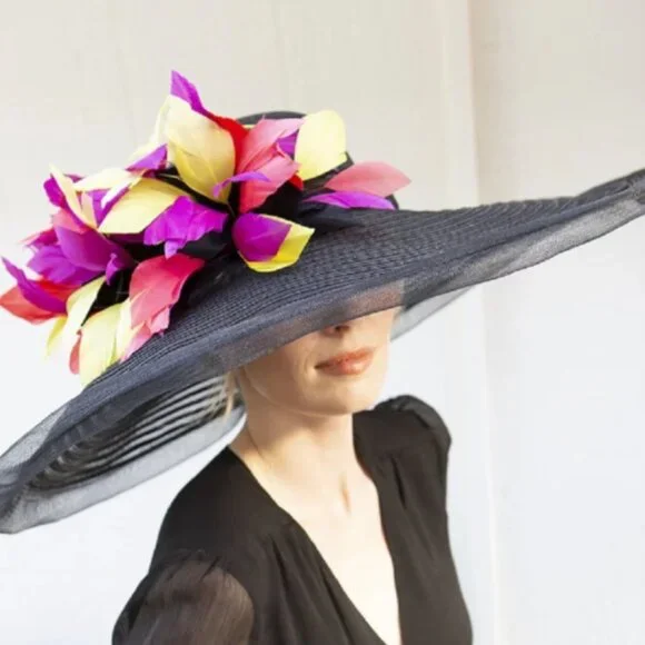 NWT Kentucky Derby Scala Big Brim Multi Colored Feather Sinemay Mesh Hat